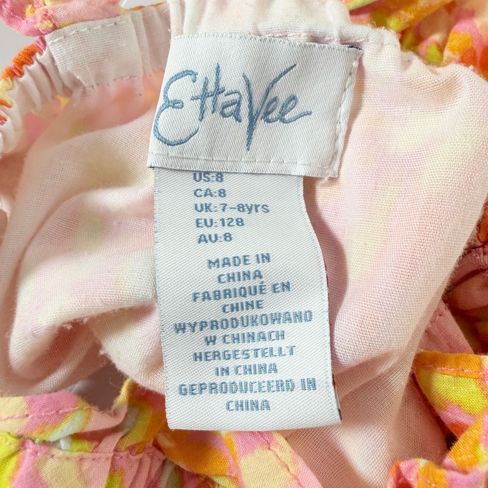 EttaVee Girls Vibrant Floral Ruffle Cross Back Romper‎ Size 8 Pink Orange Yellow - Picture 8 of 10